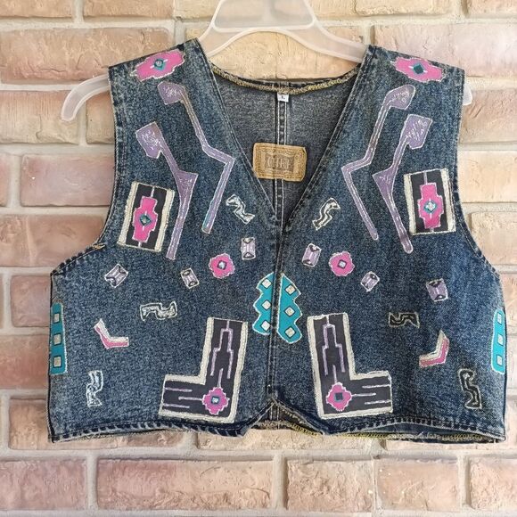 Colorful Denim Vest with Geometric Patterns - Picture 1 of 10